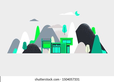 Modern building with mountains and trees in green tones