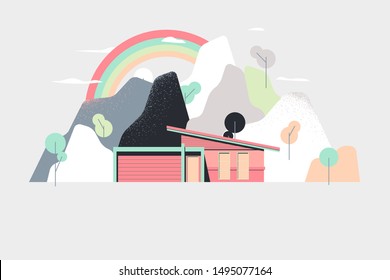 Modern building with mountains and trees in pink and green tones
