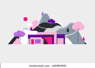 Modern building with mountains and trees in pink and purple tones