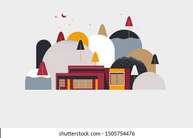 Modern building with mountains and trees in red and brown tones
