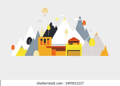 Modern building with mountains and trees in yellow and orange tones