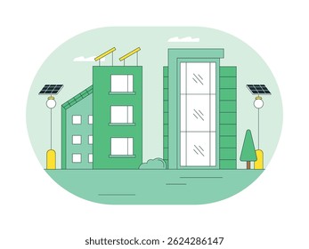 Construção moderna com inovação em energia da natureza, sistema renovável. Personagem de design. Ilustração em plano vetorial