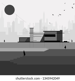 Modern building on the background of a bright moon, the sun. Monochrome background - illustration, vector, graphics, stylization. Architectural background for cover, poster, postcard.