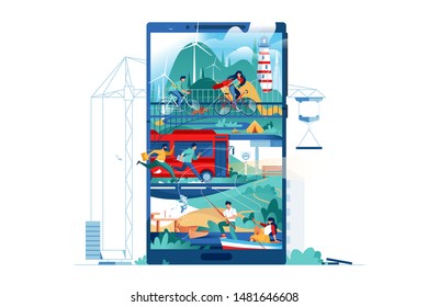 Modern building people live using city in phone. Isolated concept woman and man characters using urban technology of smartphone on lake, bus stop and lighthouse background. Vector illustration.