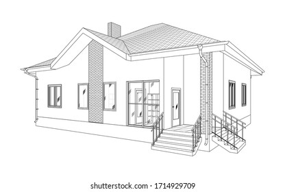 Modern building perspective 3D. Drawing of the suburban house. Outlines cottage on white background. House 3D model perspective vector. Cottage blueprint. EPS 10. 
