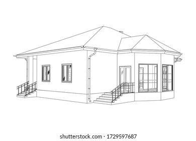 Modern building perspective 3D. Drawing of the suburban house. Outlines cottage on white background. House 3D model perspective vector. Cottage blueprint. EPS 10. 
