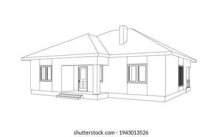 Modern building perspective 3D. Drawing of the suburban house. Outlines cottage on white background. House 3D model perspective vector. Cottage blueprint. EPS 10. 