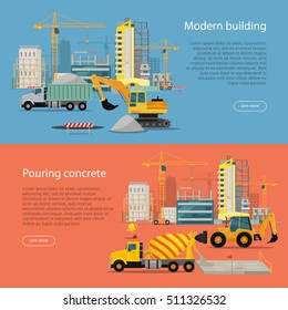 Modern Building. Process of Pouring Concrete. Vector banner construction and concreting. Buildings, cranes, excavator, concrete mixer, tractor illustration. Architecture poster for landing page design