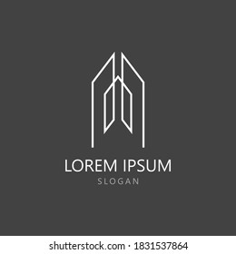 Modern Building y plantilla de logotipo de propiedades con estilo de línea creativa. Inmobiliaria, vivienda, diseño arquitectónico minimalista ilustración para agencia y empresa.