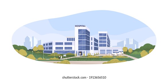 Modern building of public hospital or clinic with ambulances and patients. Exterior of municipal medical center. Colored flat cartoon vector illustration isolated on white background