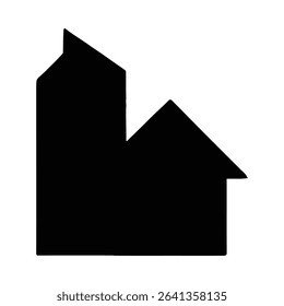 Modern building silhouette icon, geometric urban cityscape element, striking black silhouette on white background.