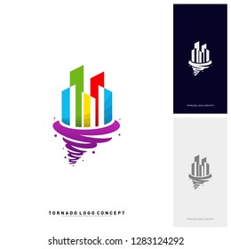 Modern Building Tornado Logo Concept Company. Storm with Building Logo Vector Template