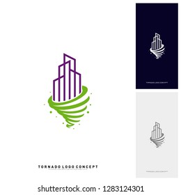 Modern Building Tornado Logo Concept Company. Storm with Building Logo Vector Template
