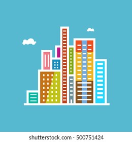 Modern Buildings, Business Center, Isolated on Blue Background, Vector Illustration