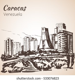 Modern buildings of Caracas, Venezuela. Sketch. Isolated on white background