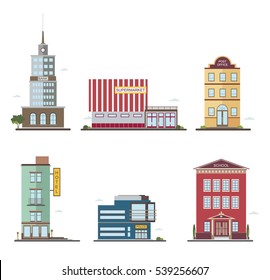 Modern buildings in different architectural styles. Architecture construction: bank, hotel, supermarket, post office, police, school. Flat vector illustration.
