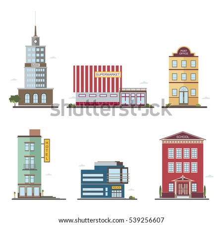 Modern buildings in different architectural styles. Architecture construction: bank, hotel, supermarket, post office, police, school. Flat vector illustration.