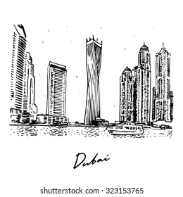 Modern buildings in Dubai Marina, Dubai, UAE. Cayan Tower, known as Infinity Tower. Vector hand drawn sketch.