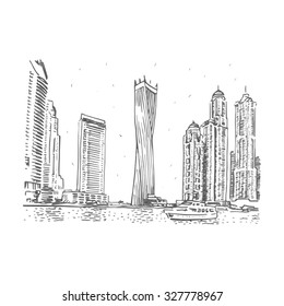 Modern buildings in Dubai Marina, Dubai, UAE. Cayan Tower, known as Infinity Tower. Vector hand drawn sketch.