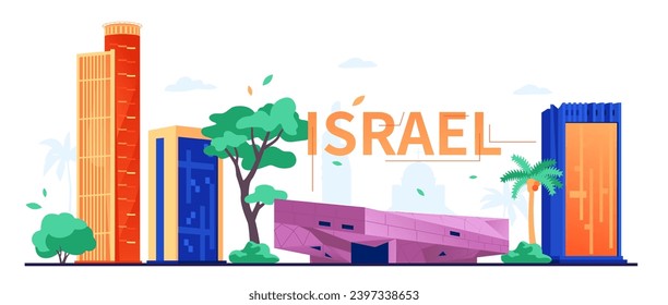 Modern buildings in Israel - colored vector illustration with Tel Aviv Museum of Fine Arts, Azrieli Center Mall and Al-Aqsa Mosque silhouette on the background. Travel and orient attractions idea