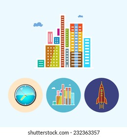 Modern buildings. Set with 3 round colorful icons, wall clock, colored watch , modern buildings , business center, rocket,vector illustration