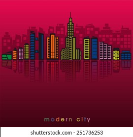 modern buildings and the silhouette of a big city at sunset