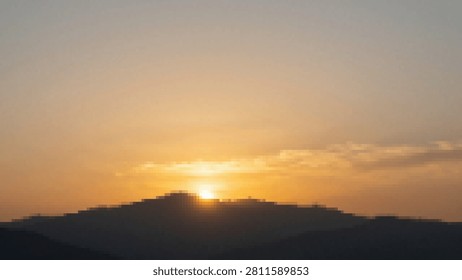 Modern buildings silhouetted against a glowing sunset sky with scattered clouds