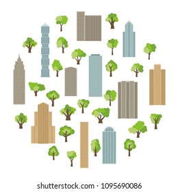 Modern buildings and skyscrapers with green trees in circle. Vector illustration