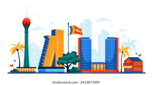 Modern buildings of Sri Lanka - modern colored vector illustration with World Trade Center and Lotus Tower in Colombo. National flag and Asian flavor. Landmarks, travel and summer tourism idea