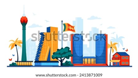 Modern buildings of Sri Lanka - modern colored vector illustration with World Trade Center and Lotus Tower in Colombo. National flag and Asian flavor. Landmarks, travel and summer tourism idea