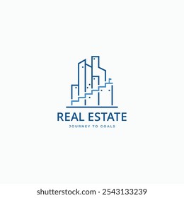Edificios modernos con Ilustración vectorial de iconos lineales de escalera. Concepto de diseño de logotipo de objetivo de carrera inmobiliaria