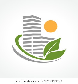 Modern buildings with sun, surrounded with leaves, vector