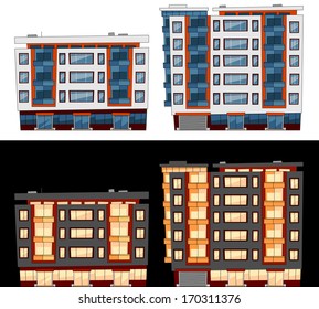 Modern buildings in vector, day and night, front view. All the elements are in the separate layers. Series of the cartoon buildings. 