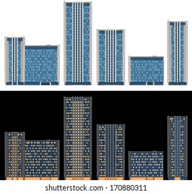 Modern buildings in vector, day and night, front view. All the elements are in the separate layers. Series of the cartoon buildings. 