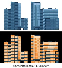 Modern buildings in vector, day and night, front view. All the elements are in the separate layers. Series of the cartoon buildings. 