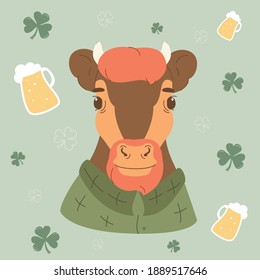 Modern bull with beard on St. Patric's Day. Green background with clovers and beers. Vector flat illustration for posters, flyers, t-shirts, cards, invitations and stickers.