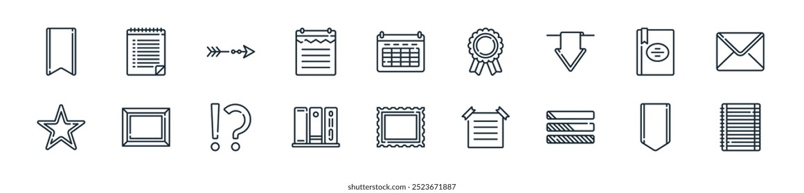 modern bullet journal icon pack. perfect for linear ui designs featuring vector notebook, bookmark, loading, note, stamp, books, punctuation mark and more icons for mobile and web apps.