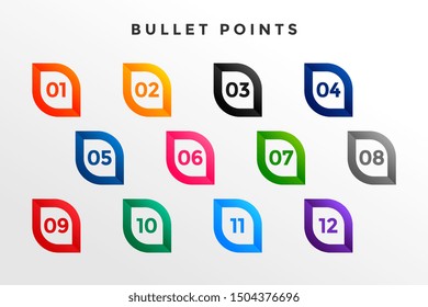 modern bullet point numbers from one to twelve