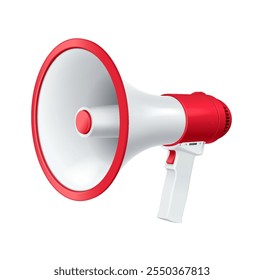 Modern bullhorn with handle and button realistic vector illustration. Powerful megaphone device side view 3d model on white background