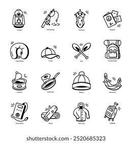 Pacote moderno de ícones Camping e Holiday Doodle 

