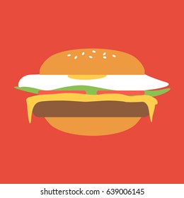 modern burger or cheeseburger menu with Ingredients set emblem logo flat design style. isolated clean tasty hamburger vector cartoon simple with lettuce, tomato, Fried egg & cheddar or melted cheese.
