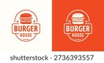 Modern burger house logo design featuring a classic fast food badge with burger icon and bold typography. Suitable for burger restaurants, fast food branding, street food, cafe logos, food trucks, takeaway businesses, menu design, packaging, signage and restaurant identity. Clean vector illustration with retro style and vibrant colors.