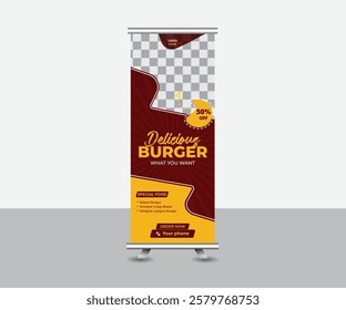 Modern burger roll-up banner design template restaurant delicious 
roll-up banner x stand layout design restaurant food menu design fully editable layout and vector print ready file.