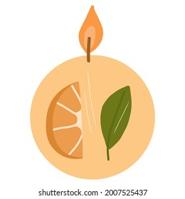 La vela de forma moderna de bola naranja ardiendo. Decoración de moda en casa.