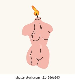 Modern burning pink candle in the form of a female body. Fashionable home decorative element. Flat design, hand drawn cartoon, vector illustration.