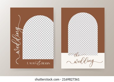 Modern Burnt Orange Color Arch Wedding Invitation Template With Calligraphy And Place For Photo