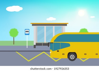 Modern bus on the bus stop. Sunny weather with clouds. Bus stop sign, trash can, trees, yellow line zigzag. Flat design. Stock vector illustration.