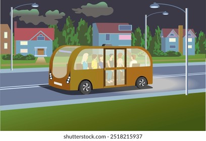 Modern bus with modern people on a cozy evening street. Vector illustration

L