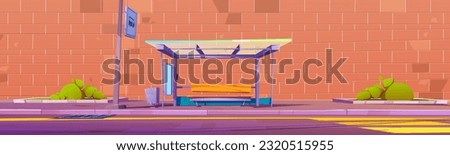 Modern bus stop against brick wall background. Vector cartoon illustration of public transport station with glass shelter, wooden bench, waste bin, blank advertising light box. Clean city street