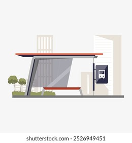 Modern bus stop with bench and cityscape in flat vector illustration symbolizing urban transport, waiting area, and public infrastructure, isolated on white background.